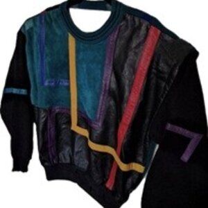 Mens 80s Suede Leather Color Block Sweater XL